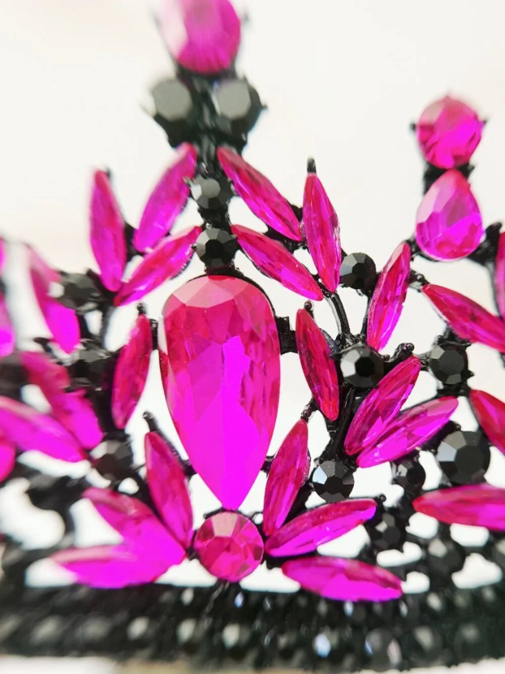 Hot Pink Rhinestone Headpiece, Gothic Fuchsia Crystal Tiara, Black Crown
